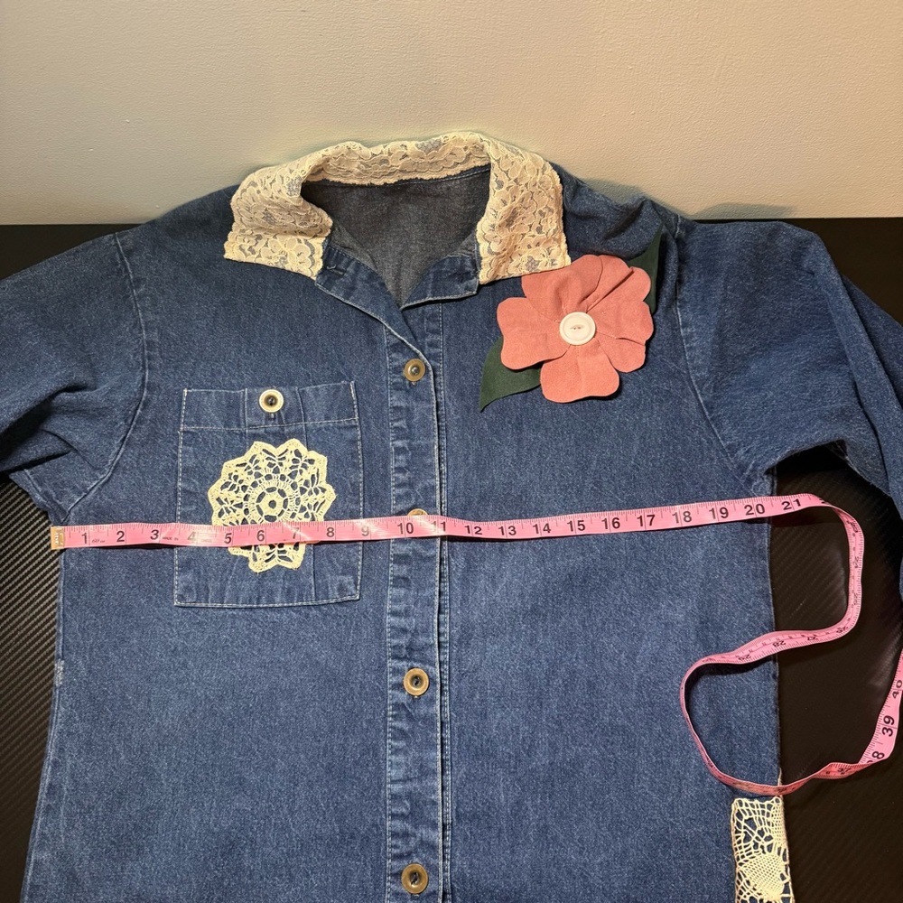 🌸 Grandma Core Reworked Denim Midi Dress Lace Butterfly Cottagecore 🦋 - Picture 11 of 15